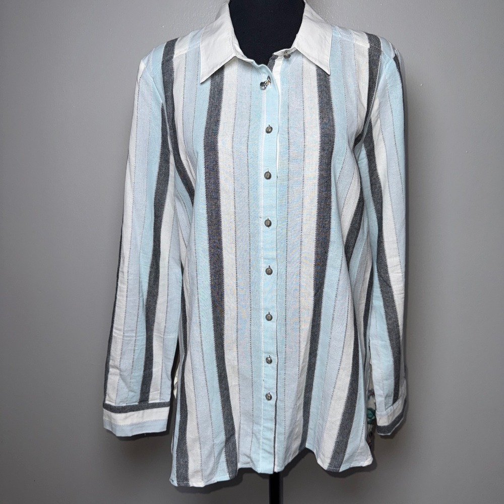 Aratta Silent Journey Floral Embroidered Striped Button Down Shirt Blue Large